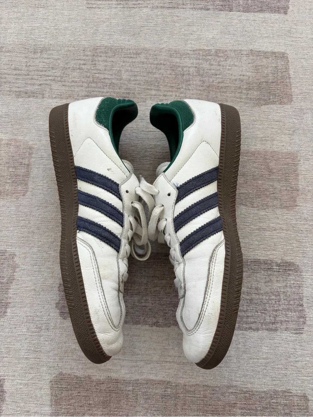 adidas Samba Sneakers in White with Navy Stripes and Green Heel Tab